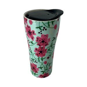 Pretty Pink and Green Floral Design 400ml Porcelain Travel Tumbler by Ciroa EUC